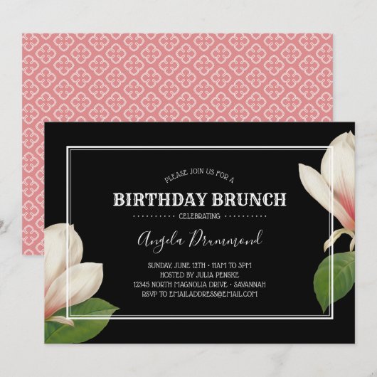 Zuidelijke Magnolia Verjaardag Brunch Zwart Kaart (Voorkant / Achterkant)