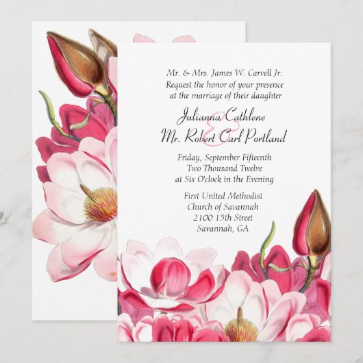 Zuidelijke Roze Magnolias bruiloft uitnodiging (Voorkant / Achterkant)