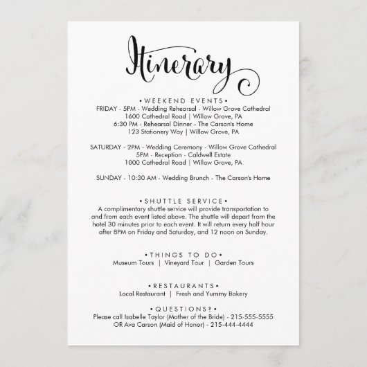 Zuidelijke Schone Bruiloft Welkomstbrief & Reispla Programmakaart (Achterkant)