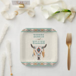 Zuidelijke westerne boho-stammenbruiloft papieren bordje<br><div class="desc">Zuidelijke westerne boho-borden met een kruidverdelger met de naam en de datum van de paren,   folklappatronen en de kop van de koeien.</div>