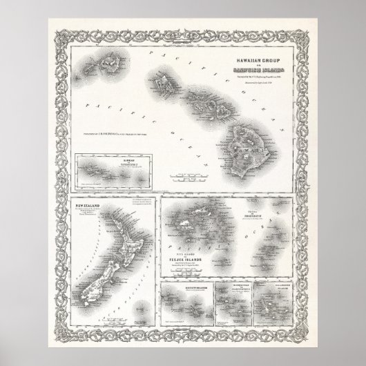ZUIDPACIFIC & HAWAII EILANDEN MAP 1855 POSTER (Voorkant)