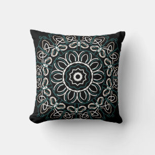 Zuidwest Blauwgroen Beige Scribble Design op zwart Kussen
