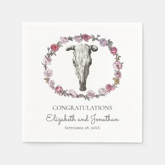 Zuidwest Boho Wedding Koe Schedel & Rozen Bloemen Servet (Voorkant)