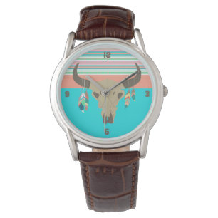 Zuidwest Bull Skull en Feathers Horloge