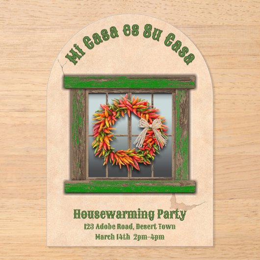 Zuidwest Chili Krans Groen Venster Gepersonaliseer Acryl Uitnodigingen (Voorkant)