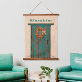 Zuidwest-Chili-krans op roestige blauwe houten deu Hangend Wandkleed