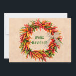 Zuidwest Chili Ristra krans Flat Feliz Navidad Feestdagenkaart<br><div class="desc">Dit ontwerp is voorzien van een kleurrijke chili peperkrans die is vastgebonden met een raffia strik op een oude adobe muur. Het oorspronkelijke schilderij was geïnspireerd op de Chileense ristras en kransen die de kunstenares bij haar thuis in New Mexico hing. Ristra's zijn een symbool van welkom gezegd om goede...</div>
