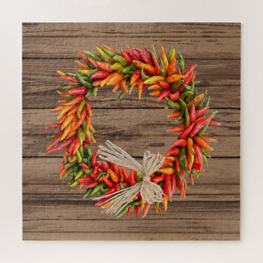 Zuidwest Chili Ristra krans op verweerd hout Legpuzzel (Horizontaal)