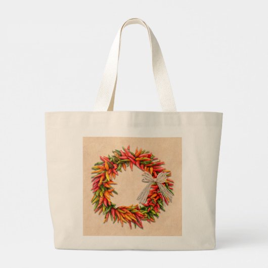 Zuidwest Chili Ristra Wreath on Adobe Wall Grote Tote Bag (Achterkant)