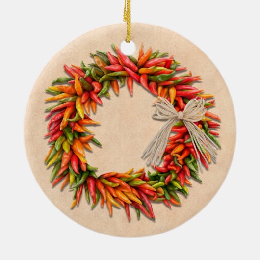 Zuidwest Chili Ristra Wreath on Adobe Wall Keramisch Ornament (Achterkant)