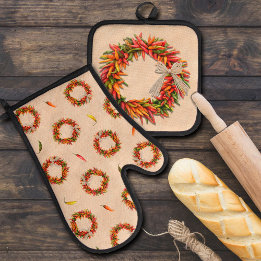 Zuidwest Chili Ristra Wreath on Adobe Wall Ovenwant & Pannenlap Set