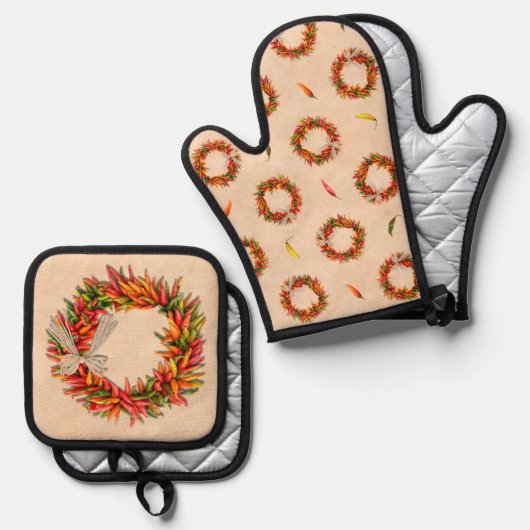 Zuidwest Chili Ristra Wreath on Adobe Wall Ovenwant & Pannenlap Set (Voorkant / Achterkant)