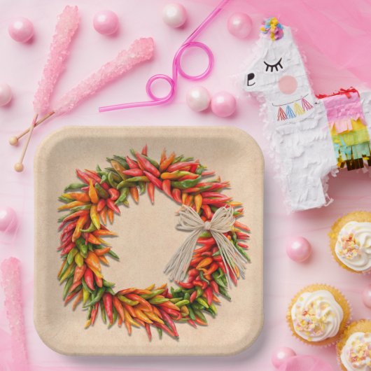 Zuidwest Chili Ristra Wreath on Adobe Wall Papieren Bordje (Feest)