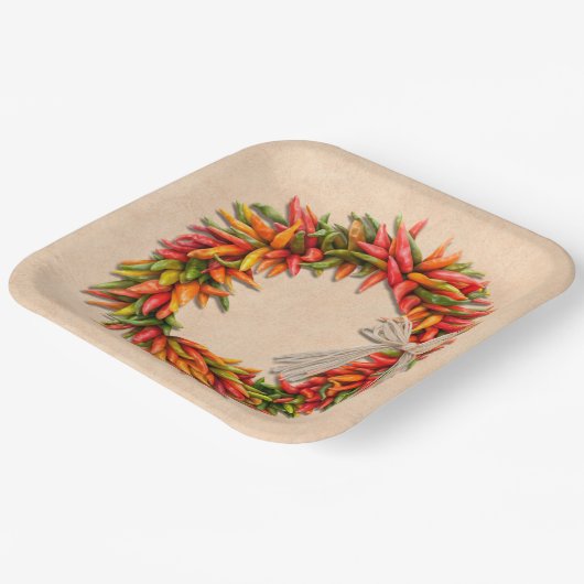 Zuidwest Chili Ristra Wreath on Adobe Wall Papieren Bordje (Gebogen)