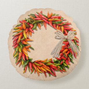 Zuidwest Chili Ristra Wreath on Adobe Wall Rond Kussen
