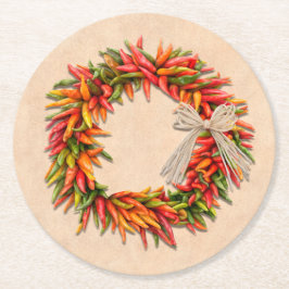 Zuidwest Chili Ristra Wreath on Adobe Wall Ronde Kartonnen Onderzetter