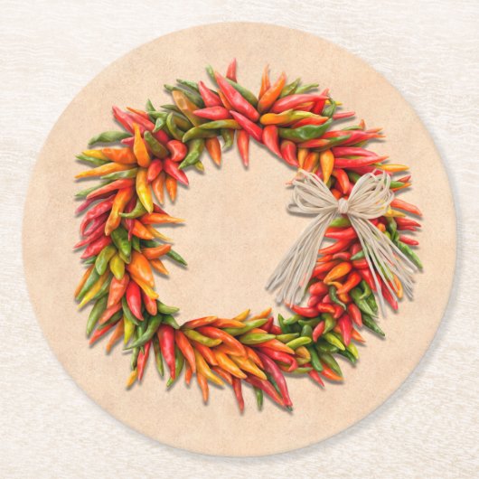 Zuidwest Chili Ristra Wreath on Adobe Wall Ronde Kartonnen Onderzetter (Voorkant)