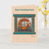 Zuidwest Chili Ristra Wreath Rustiek Blauw Venster Kaart (Gele Bloem)