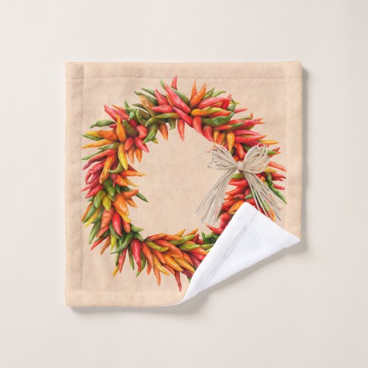 Zuidwest-Chili Ristra Wreaths op Adobe Wall Bad Handdoek (Wasdoekje)