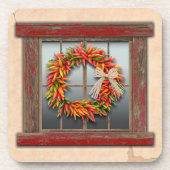 Zuidwest-Chili Wreath op Rustic Red Wood Window Bier Onderzetter (Voorkant)