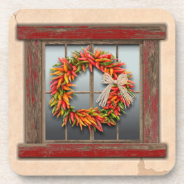 Zuidwest-Chili Wreath op Rustic Red Wood Window Bier Onderzetter