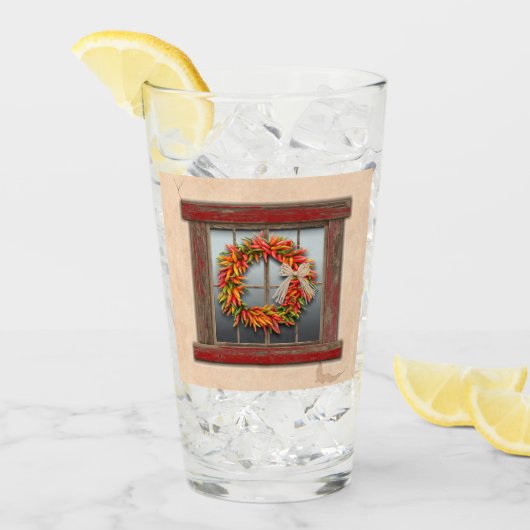 Zuidwest-Chili Wreath op Rustic Red Wood Window Glas (Voorkant ijs)