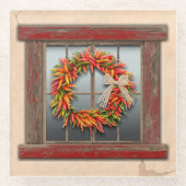 Zuidwest-Chili Wreath op Rustic Red Wood Window Glazen Onderzetter (Voorkant)