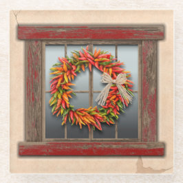 Zuidwest-Chili Wreath op Rustic Red Wood Window Glazen Onderzetter