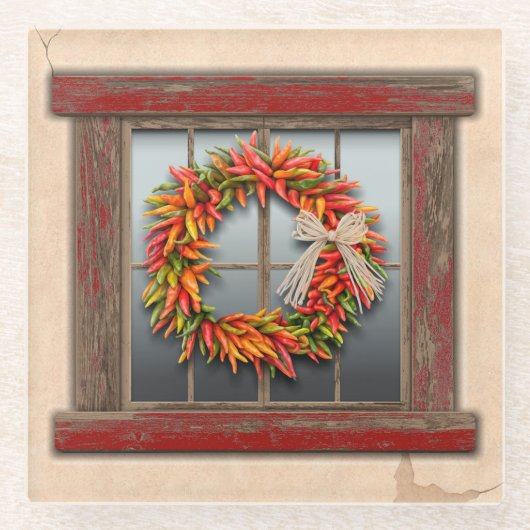 Zuidwest-Chili Wreath op Rustic Red Wood Window Glazen Onderzetter (Voorkant)
