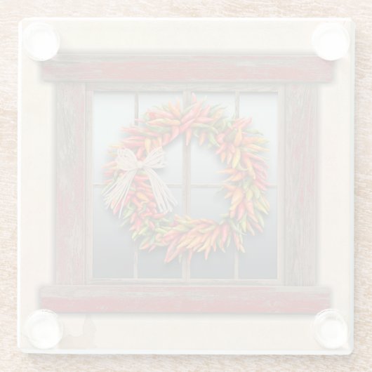 Zuidwest-Chili Wreath op Rustic Red Wood Window Glazen Onderzetter (Achterkant)