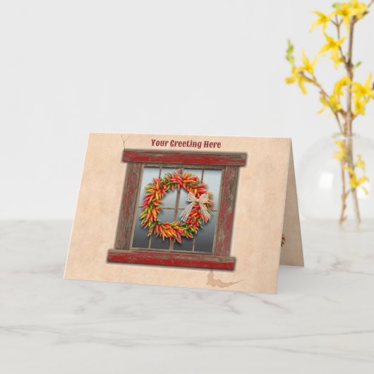 Zuidwest-Chili Wreath op Rustic Red Wood Window Kaart (Gele Bloem)