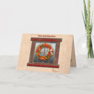 Zuidwest-Chili Wreath op Rustic Red Wood Window Kaart