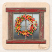 Zuidwest-Chili Wreath op Rustic Red Wood Window Kartonnen Onderzetters (Voorkant)