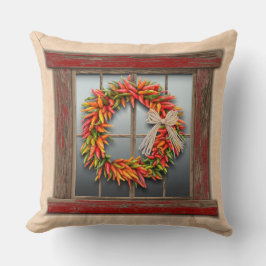 Zuidwest-Chili Wreath op Rustic Red Wood Window Kussen
