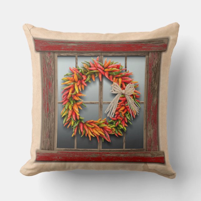 Zuidwest-Chili Wreath op Rustic Red Wood Window Kussen (Voorkant)