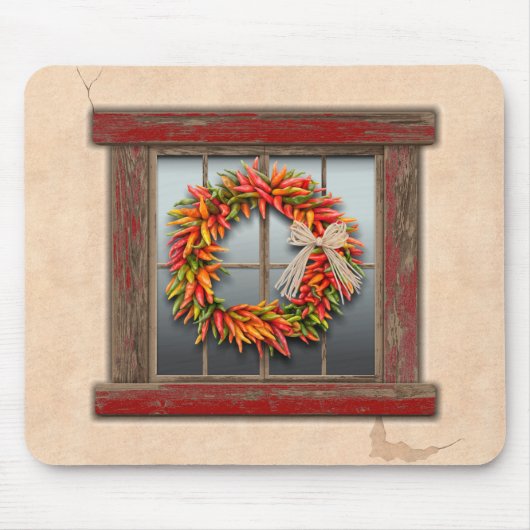 Zuidwest-Chili Wreath op Rustic Red Wood Window Muismat (Voorkant)