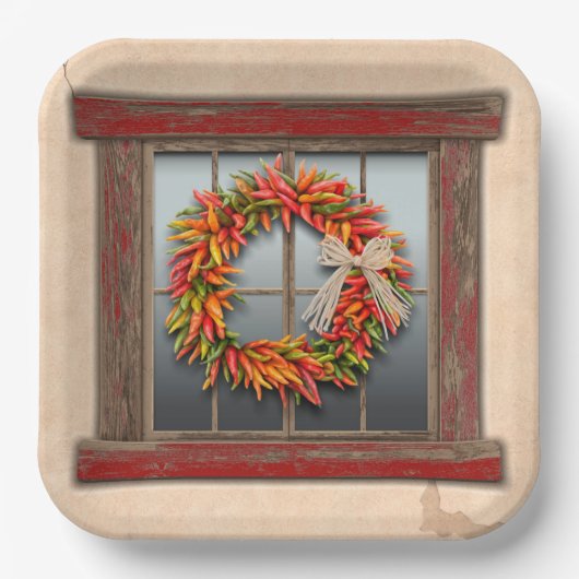 Zuidwest-Chili Wreath op Rustic Red Wood Window Papieren Bordje (Voorkant)