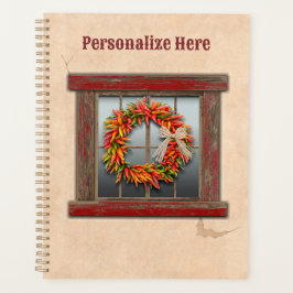 Zuidwest-Chili Wreath op Rustic Red Wood Window Planner