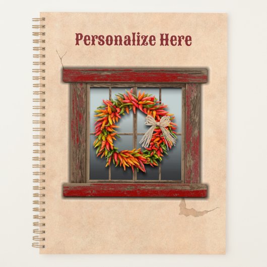 Zuidwest-Chili Wreath op Rustic Red Wood Window Planner (Voorkant)
