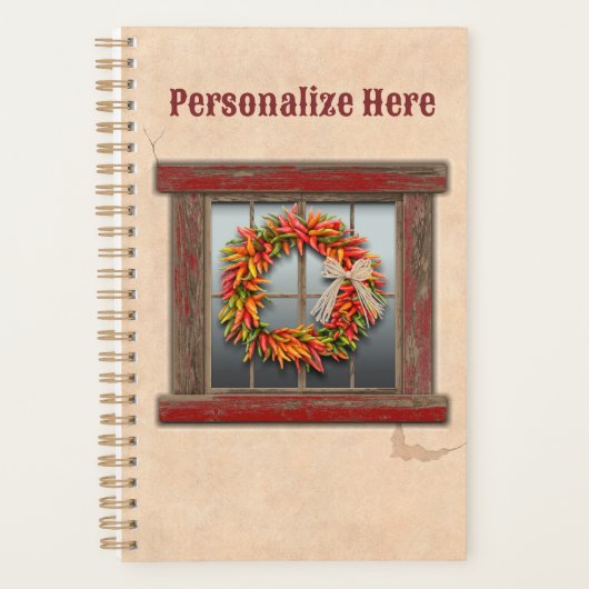 Zuidwest-Chili Wreath op Rustic Red Wood Window Planner (Voorkant)