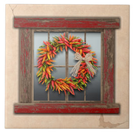 Zuidwest-Chili Wreath op Rustic Red Wood Window Tegeltje