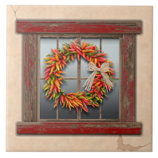 Zuidwest-Chili Wreath op Rustic Red Wood Window Tegeltje (Voorkant)