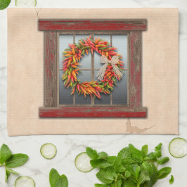 Zuidwest-Chili Wreath op Rustic Red Wood Window Theedoek