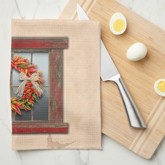 Zuidwest-Chili Wreath op Rustic Red Wood Window Theedoek (Quarter Fold)