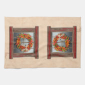 Zuidwest-Chili Wreath op Rustic Red Wood Window Theedoek (Horizontaal)