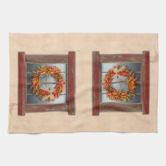 Zuidwest-Chili Wreath op Rustic Red Wood Window Theedoek (Horizontaal)