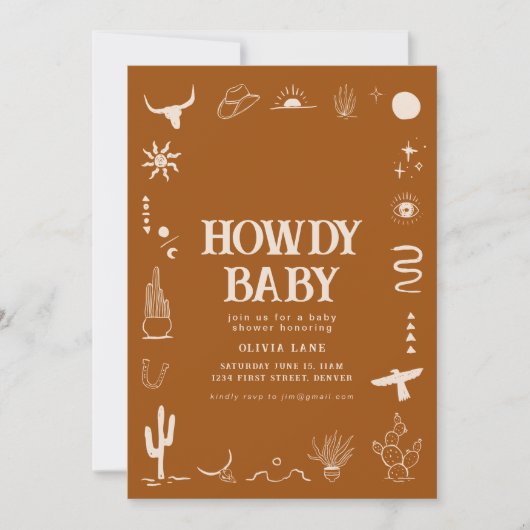 Zuidwest Cowboy Howdy Baby shower Uitnodigen Kaart (Voorkant)