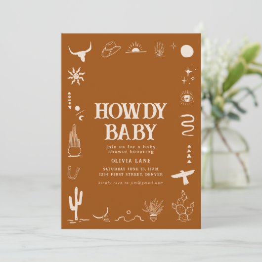 Zuidwest Cowboy Howdy Baby shower Uitnodigen Kaart (Staand voorkant)