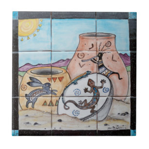 Zuidwest-Indische Pottery Kokopelli Lizard Rabbit Tegeltje