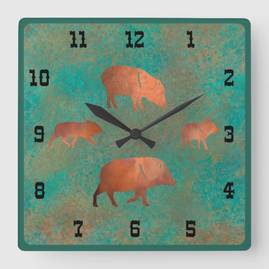 Zuidwest Javelina Familie Blauwgroen Westerne numm Vierkante Klok (Voorkant)